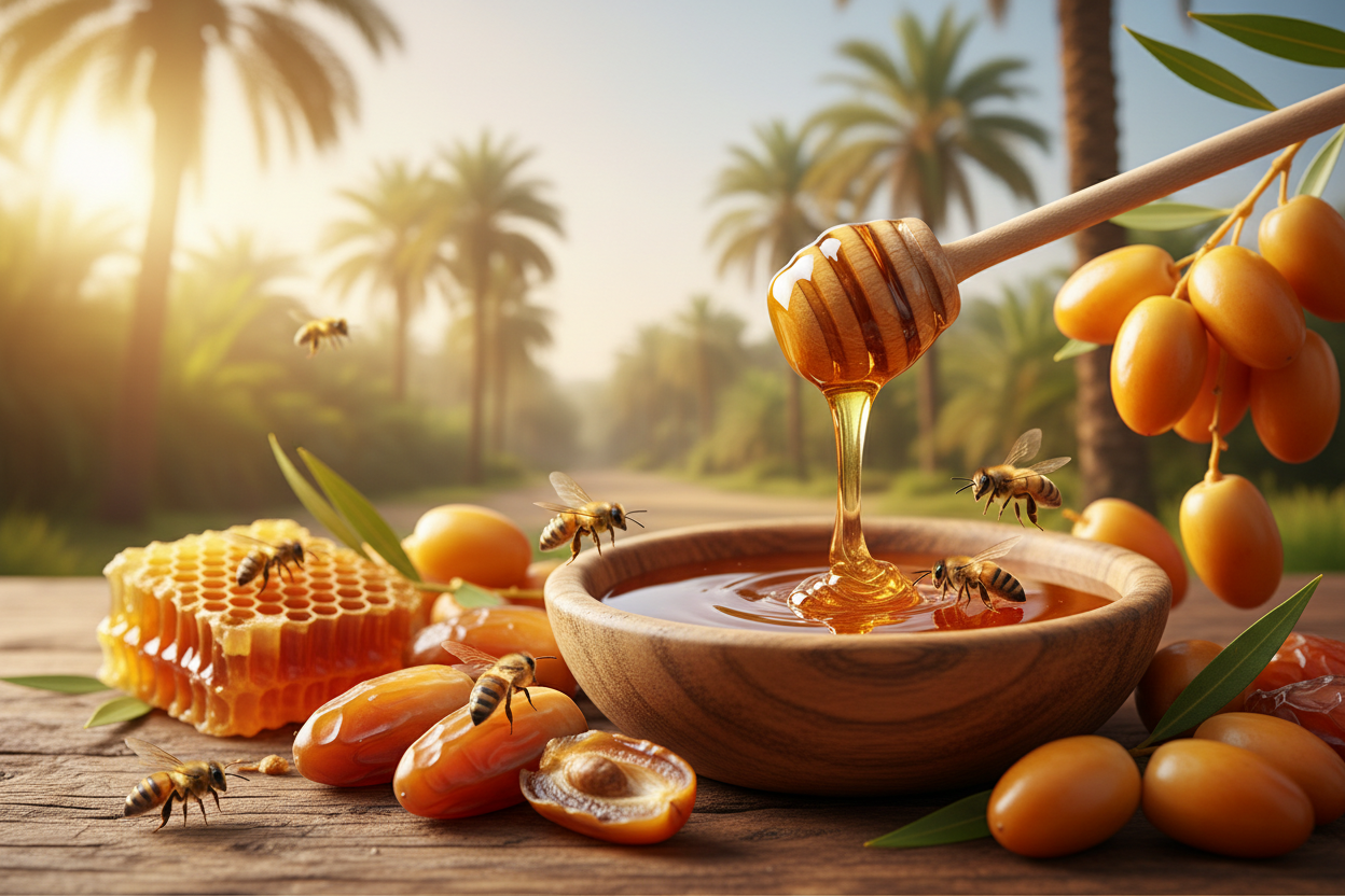 Hero banner with honey, bees, dates and palm trees